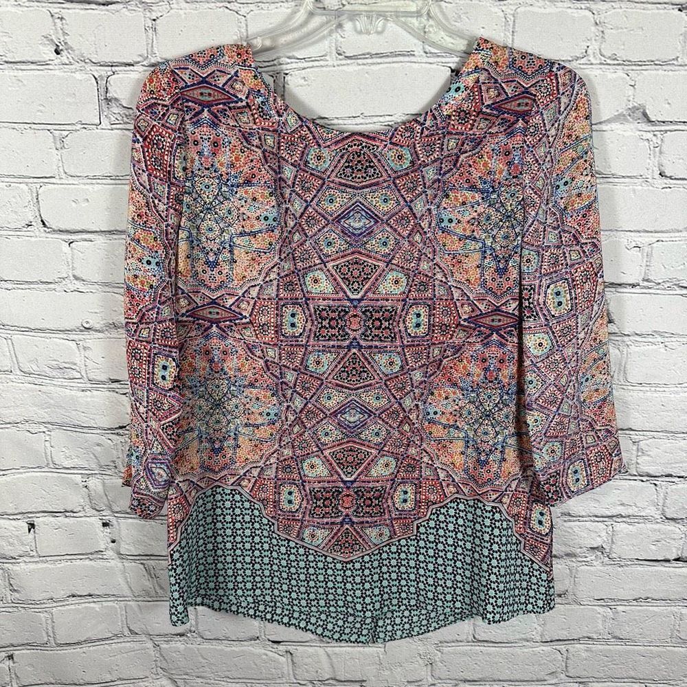 Maeve by Anthropologie Blouse Tunic 100% Silk Kaleidoscope Design Back Buttons 0